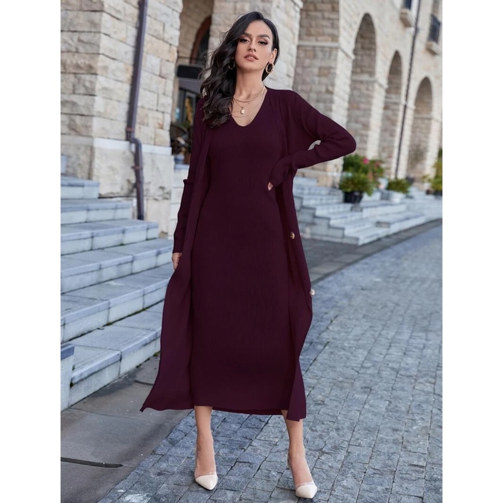 Maroon 2 Piece Set: Knit Midi Pencil Dress and Long Cardigan Button Through - Picture 6 of 15